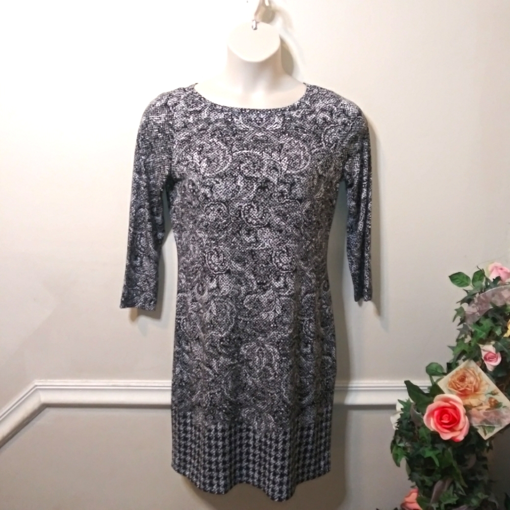 Michael Kors Black/White Paisley & Houndstooth Patterned 3/4 Sleeve Sheath Dress